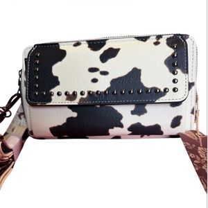 Cow-Print Studded Crossbody Wallet Bag - Black & White